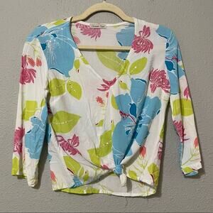 Green Tea White Blue & Green Floral Beaded Knot Front Cropped Y2K Blouse M Rayon